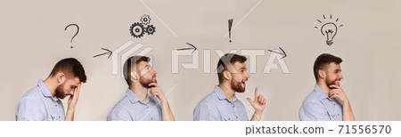 Problem solution. Collage of young man thinking over problem and finding successful idea, banner design Problem solution. Collage of young man thinking over problem and finding successful idea, banner design 71556570