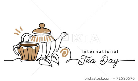 Tea day vector background with teacup and kettle. One line drawing art illustration,border, banner with lettering international tea day 71556576
