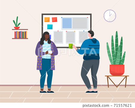 Coffee break, female characters in the office, flat style. Meeting women during lunch break Coffee break, female characters in the office, flat style. Meeting women during lunch break 71557621