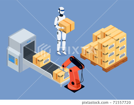 Industrial packing system process with robotic arm and loader working on automated conveyor belt Industrial packing system process with robotic arm and loader working on automated conveyor belt 71557720