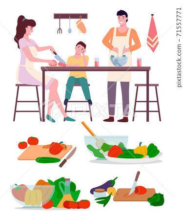 Happy family mom dad and son cooking in kitchen vector illustration. Preparing family dinner Happy family mom dad and son cooking in kitchen vector illustration. Preparing family dinner 71557771