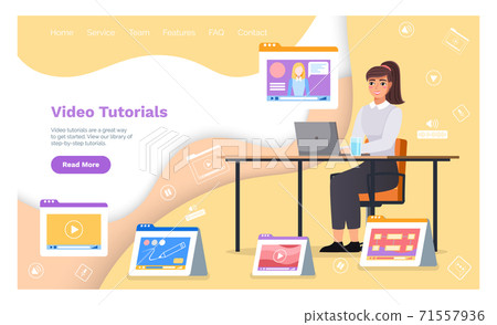 Video tutorials, online courses concept. Woman sitting at a table with laptop studying webinar Video tutorials, online courses concept. Woman sitting at a table with laptop studying webinar 71557936