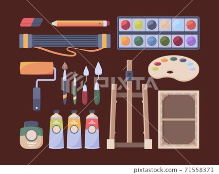 Artist items. Tools for painter brushes canvas oil tubes easel pencils paper palette vector collection Artist items. Tools for painter brushes canvas oil tubes easel pencils paper palette vector collection 71558371