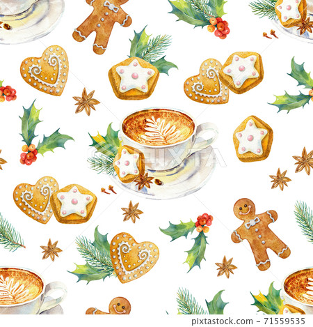 Christmas seamless watercolor pattern. Tasty set of Christmas drinks and sweets. Christmas seamless watercolor pattern. Tasty set of Christmas drinks and sweets. 71559535
