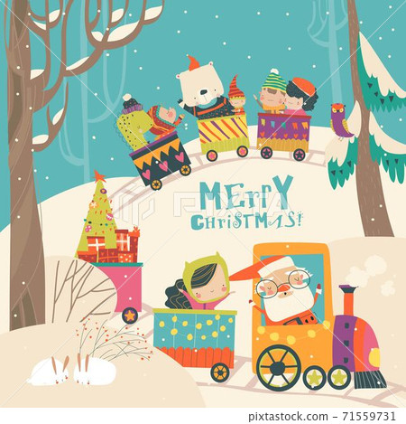 Cheerful Christmas train with Santa, children and animals 71559731