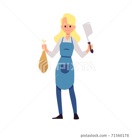 Cute female chef with axe and meat in hands, flat vector illustration isolated. Cute female chef with axe and meat in hands, flat vector illustration isolated. 71560178