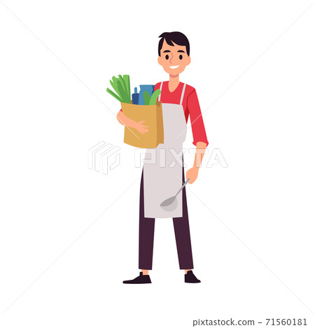 Chef cook man with paper bag full of food flat vector illustration isolated. 71560181
