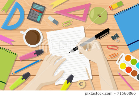 Top view of desk with human hands writing in notebook flat vector illustration. Top view of desk with human hands writing in notebook flat vector illustration. 71560860