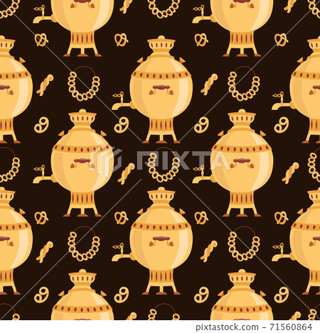 Seamless pattern with gold russian samovar and bagels, flat vector illustration. 71560864