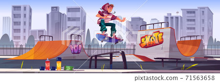 Skate park with boy riding on skateboard Skate park with boy riding on skateboard 71563658