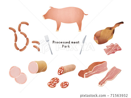 Illustration set of pigs and various processed foods 71563932