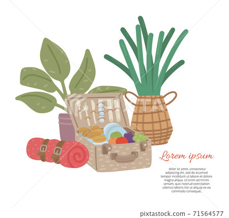 Picnic basket with food and drink. Invitation card for party celebration. Vector cartoon illustration 71564577