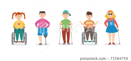 Injured children with crutches and bandages flat vector illustration isolated. 71564759