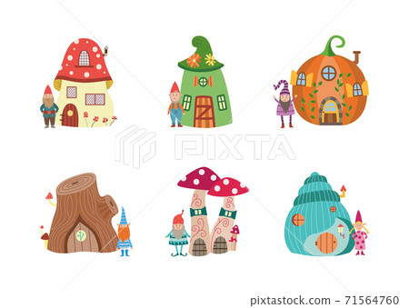 Set of characters of gnomes and houses, flat vector illustrations isolated. 71564760