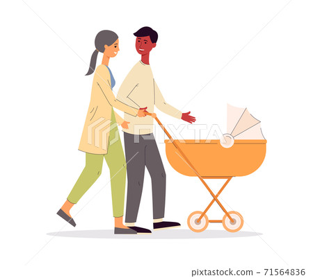 Parents with newborn child in baby carriage, flat vector illustration isolated. 71564836