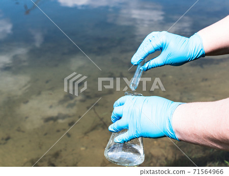 Hand in a blue glove holds a test tube. Hand in a blue glove holds a test tube. 71564966