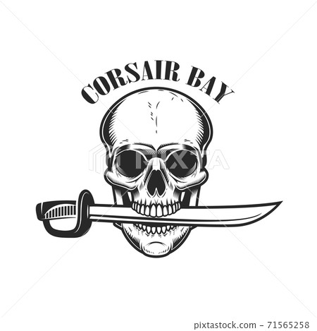 Pirate skull with saber in mouth. Design elements for logo, label, sign, menu. 71565258