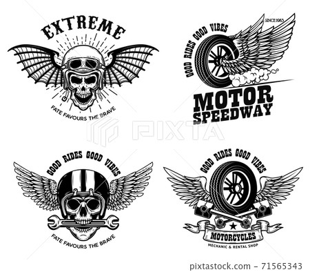 Set of racer emblem templates with motorcycle motor, wheels. wings. Design element for logo, label, emblem, sign, poster, t shirt. Set of racer emblem templates with motorcycle motor, wheels. wings. Design element for logo, label, emblem, sign, poster, t shirt. 71565343