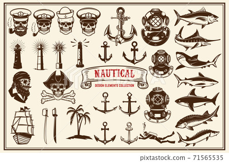 Big set of design elements for nautical emblems, seafood restaurant. 71565535
