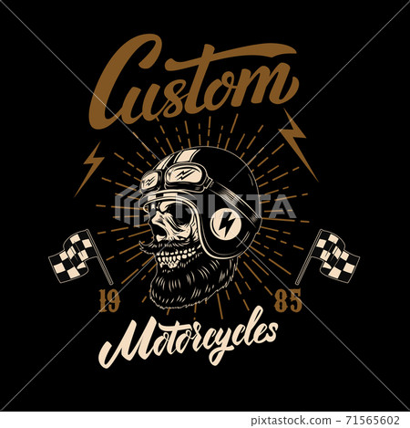 Racer skull in winged helmet. Design element for logo, label, sign, poster, t shirt. Racer skull in winged helmet. Design element for logo, label, sign, poster, t shirt. 71565602