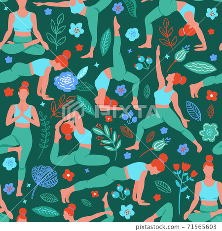 Women exercising yoga flat color trend vector seamless pattern. Do yoga meditation practice cartoon style. Exercise workout background. Healthy lifestyle morning fitness activities pictures. Women exercising yoga flat color trend vector seamless pattern. Do yoga meditation practice cartoon style. Exercise workout background. Healthy lifestyle morning fitness activities pictures. 71565603