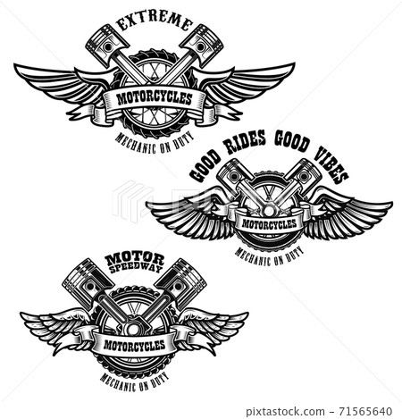 Set of motorcycle repair emblems. Bike motor, pistons. Design element for logo, label, emblem, sign, poster. Set of motorcycle repair emblems. Bike motor, pistons. Design element for logo, label, emblem, sign, poster. 71565640