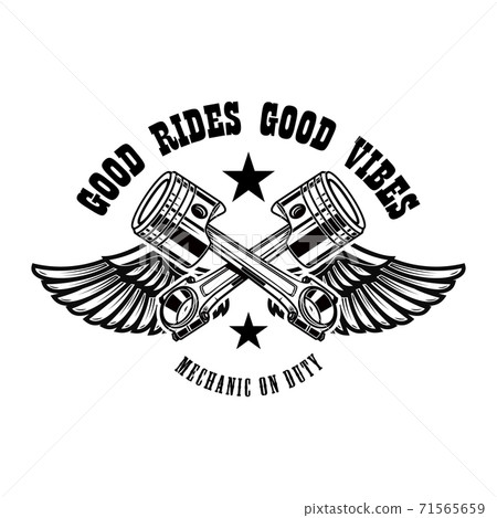 Emblem template with winged pistons. Design element for logo, label, sign, poster, t shirt. 71565659