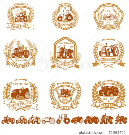 Set of vintage farmer emblems with tractors. Design element for logo, label, sign, poster, t shirt. 71565721