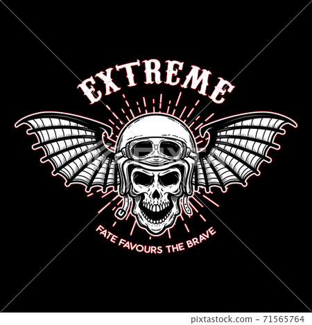 Extreme. Skull in motorcycle helmet with bat wings. Design element for logo, label, emblem, sign, poster, t shirt. 71565764