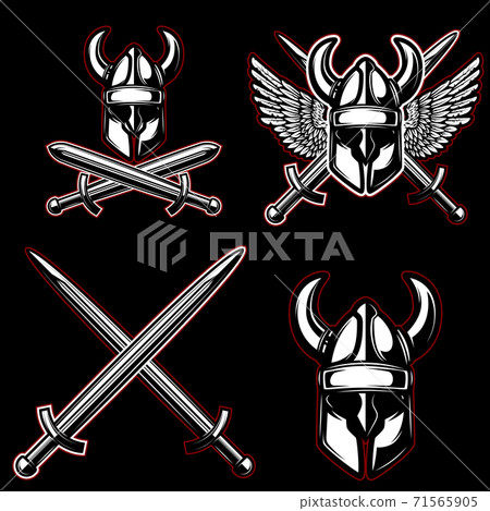 Set of emblems with viking ancient weapon. Design element for logo, label, emblem, sign, poster. 71565905