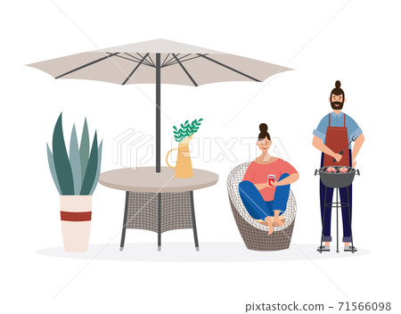Cartoon couple cooking on barbecue grill. Cozy garden furniture 71566098