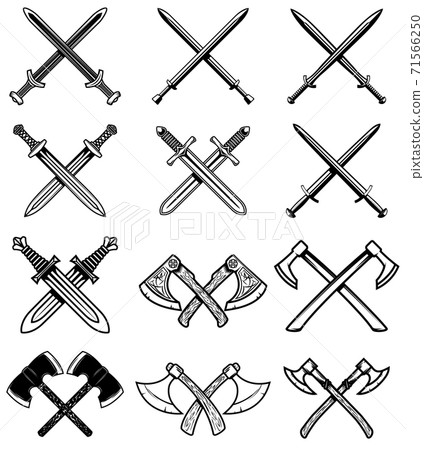 Set of ancient weapon. Knight swords, axes. Design element for logo, label, emblem, sign. 71566250