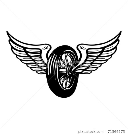 Hand drawn wheel with wings illustration isolated on white background. Design element for poster, card, banner, sign, emblem, t shirt. 71566275