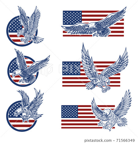 Set of the emblems with eagles on usa flag background. Design elements for logo, label, emblem, sign. 71566349