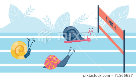 Humor caricature picture of snails speed race flat vector illustration. Humor caricature picture of snails speed race flat vector illustration. 71566657