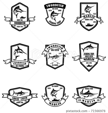 Set of deep sea marlin fishing emblems. Design element for logo, label, emblem, sign. Set of deep sea marlin fishing emblems. Design element for logo, label, emblem, sign. 71566978