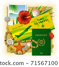 Time To Travel Concept. Vacation In Tropics. Travel concept with different tropical objects. Editable EPS10 vector illustration with clipping mask. Used gradient mesh and transparency. 71567100
