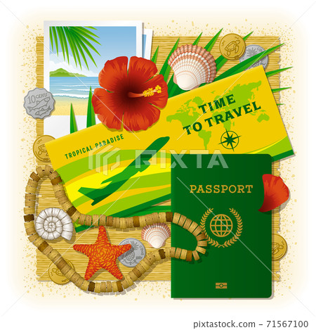 Time To Travel Concept. Vacation In Tropics. Travel concept with different tropical objects. Editable EPS10 vector illustration with clipping mask. Used gradient mesh and transparency. 71567100