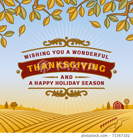 Retro Thanksgiving Greeting Card. Editable EPS10 vector illustration in woodcut style with clipping mask and transparency. 71567102