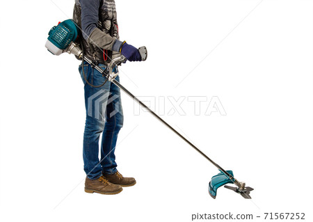 Man with garden trimmer on white background. Man with garden trimmer on white background. 71567252