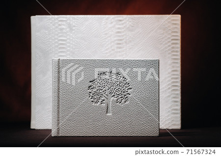 Composition of photo books in natural white leather of different sizes. The white paper on a dark background. Composition of photo books in natural white leather of different sizes. The white paper on a dark background. 71567324