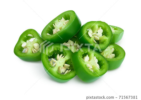sliced jalapeno pepper isolated on white background. Green chili pepper with clipping path and full depth of field. sliced jalapeno pepper isolated on white background. Green chili pepper with clipping path and full depth of field. 71567381