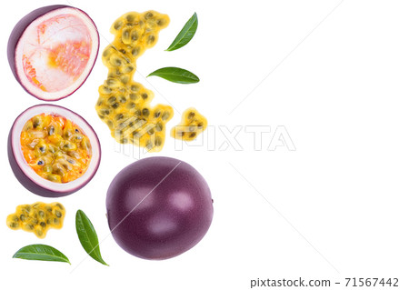 passion fruits and half isolated on white background. maracuya. Top view with copy space for your text. Flat lay 71567442