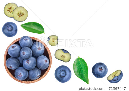 fresh ripe blueberry in wooden bowl isolated on white background . Top view with copy space for your text. Flat lay fresh ripe blueberry in wooden bowl isolated on white background . Top view with copy space for your text. Flat lay 71567447