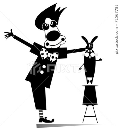 Funny trick. Circus, clown, rabbit illustration. Cartoon clown takes out a rabbit from the top hat by the ears isolated black on white Funny trick. Circus, clown, rabbit illustration. Cartoon clown takes out a rabbit from the top hat by the ears isolated black on white 71567783