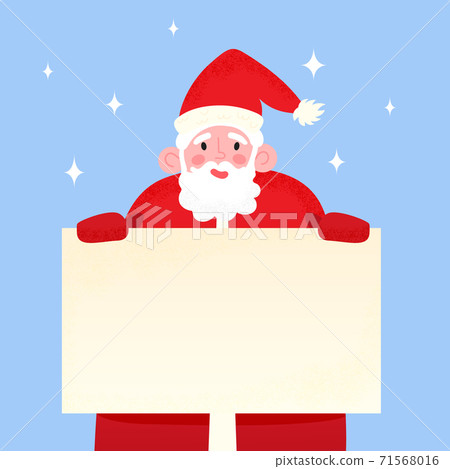 Happy Santa Claus holding blank signboard. Smiling Papa Noel behind celebration banner, on blue snowy background. Vector illustration of Merry Christmas greeting card template 71568016