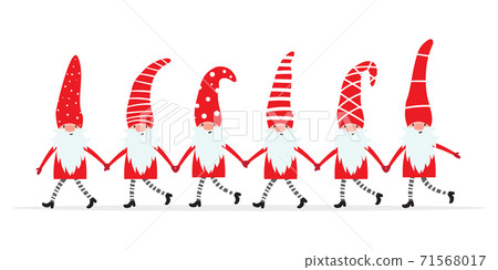 Set of cute christmas gnomes in funny hats and holding hands. Vector illustration of northern elfs, cartoon scandinavian dwarfs. Xmas elements for design, invitations and greeting cards 71568017