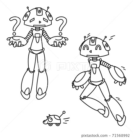 Robot playing catch-up with a toy. Confused cyborg asking a question. Vector illustration isolated on white background. Picture for coloring book. Robot playing catch-up with a toy. Confused cyborg asking a question. Vector illustration isolated on white background. Picture for coloring book. 71568992