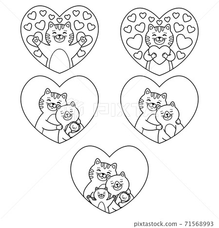 Cats family mother, father, child and newborn baby hug in heart. Tomcat hugs a heart. Set of lovely elements. Vector illustration isolated on white background. Outline picture for coloring page. 71568993