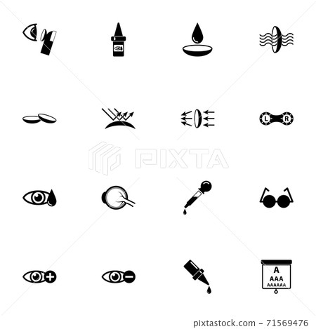 Eye Lens icon - Expand to any size - Change to any colour. Perfect Flat Vector Contains such Icons as care, clean, hand, optometrist, medical, container, drop, eyeball, human eyes, healthcare, vision. 71569476